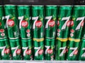 Klang, Malaysia - 10 July 2020 :ÃÂ Stacked of 7UP cans soda drink display for sell in the supermarket shelf.